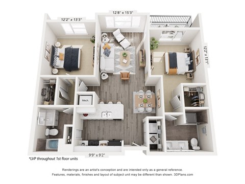 Floor plan for 2 beds, 2 baths, 1106 sqft